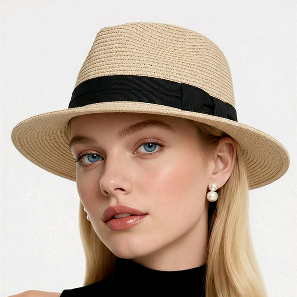 Solar Escape Beige Straw Fedora Beach Sun Hat One Size Paper Blend Black Hatband